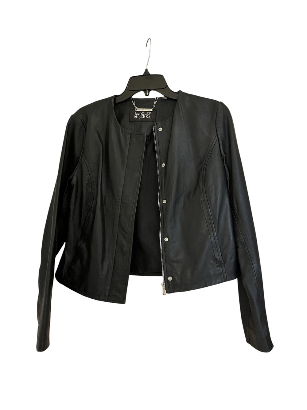 Badgley Mischka Black Leather Round-Neck Snap Jacket